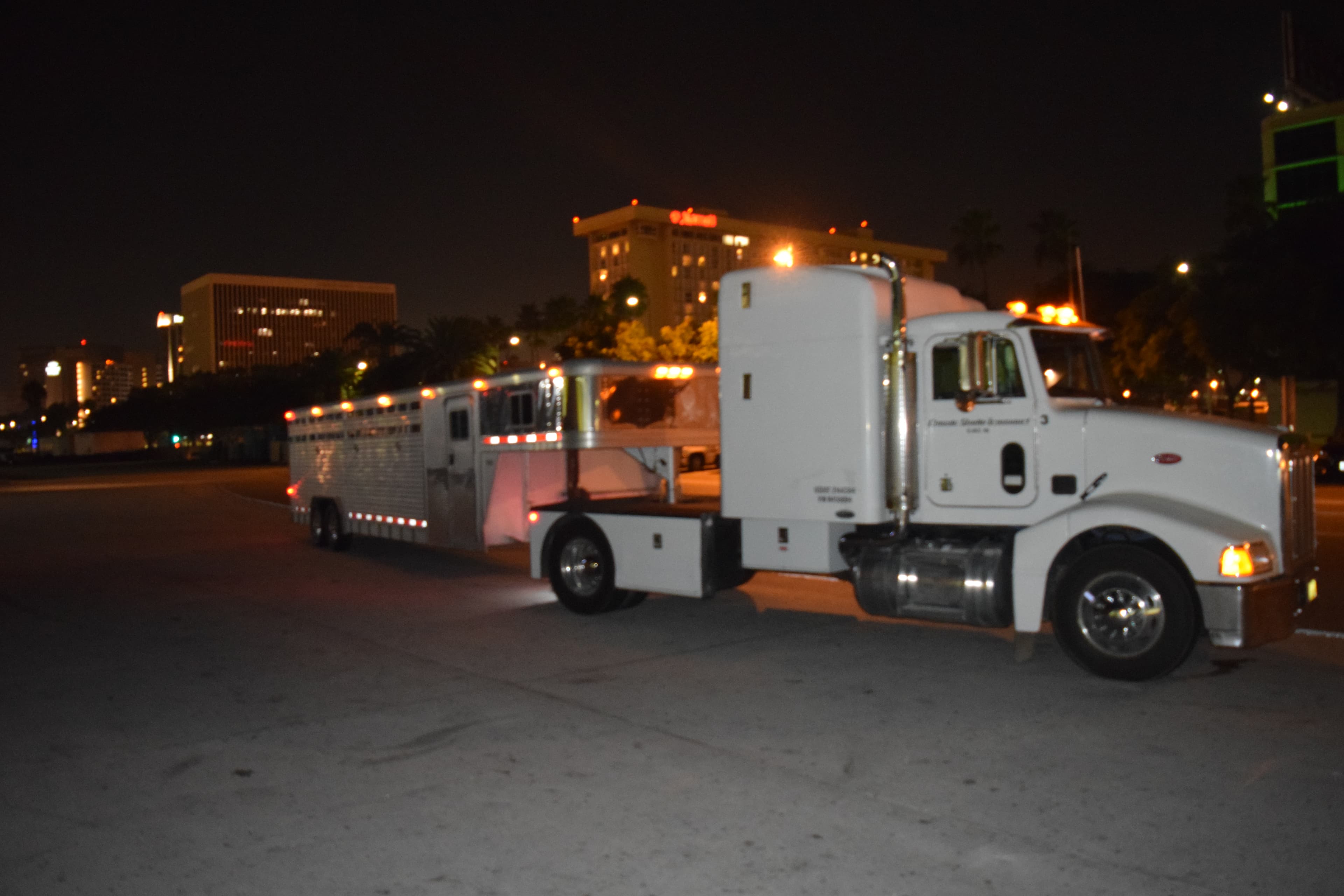 A horse gooseneck trailer staged at night with a city skyline behind it